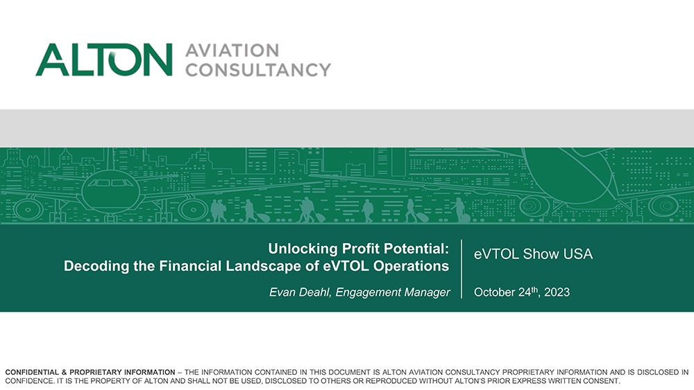 Presentation slide for Alton Aviation Consultancy on unlocking profit potential in eVTOL operations, dated 24 October 2023.