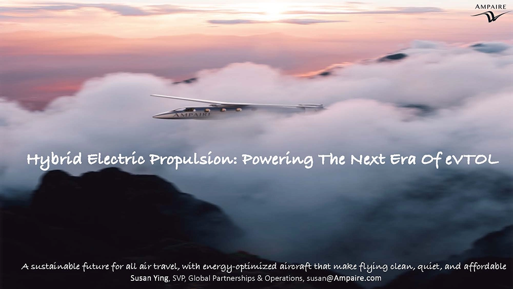 A small hybrid-electric aeroplane flies above the clouds at sunset, with text about powering the next era of electric-powered flight.