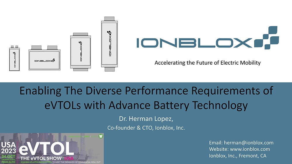 Presentation slide with Ionblox batteries, company logo, talk title on eVTOL battery tech, speaker info, event logo, and contact details.
