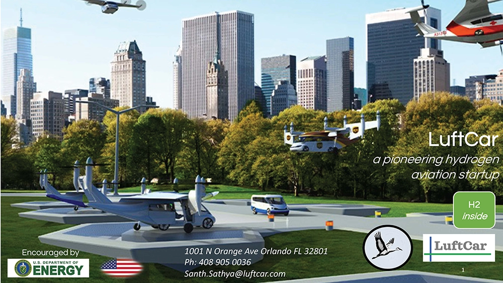 A city park scene with futuristic hydrogen-powered flying cars landing, skyscrapers in the background, and the LuftCar logo in view.