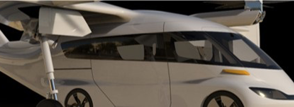 A white flying car with wings and propellers, parked on the ground against a dark background.