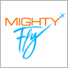 MightyFly logo with MIGHTY in orange and Fly in blue script, ending with a blue aeroplane silhouette.