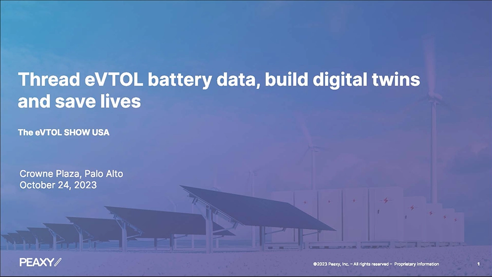Presentation slide: “Thread eVTOL battery data, build digital twins and save lives.” Event at Crowne Plaza, Palo Alto, 24 October 2023.