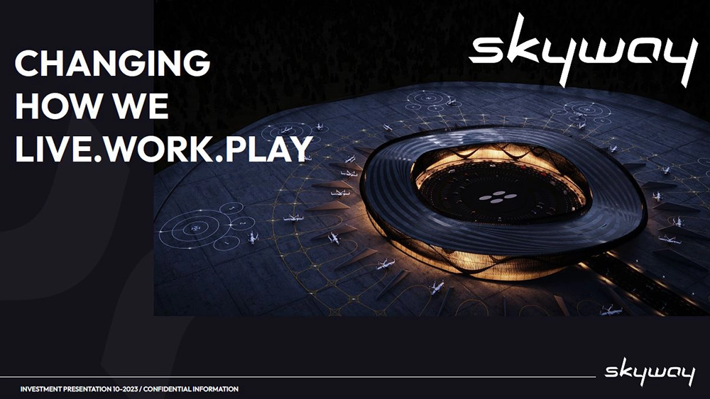 A futuristic urban hub with flying vehicles around a glowing circular building; text reads Changing how we live, work, play, and skyway.