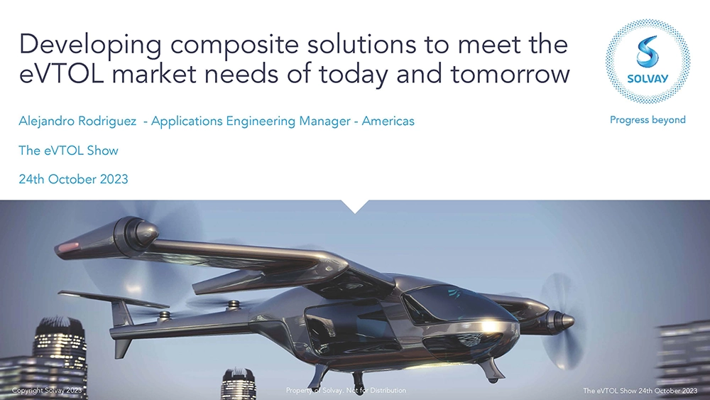 Futuristic eVTOL aircraft flying over a city, promoting a presentation on composite solutions for the eVTOL market by Solvay.