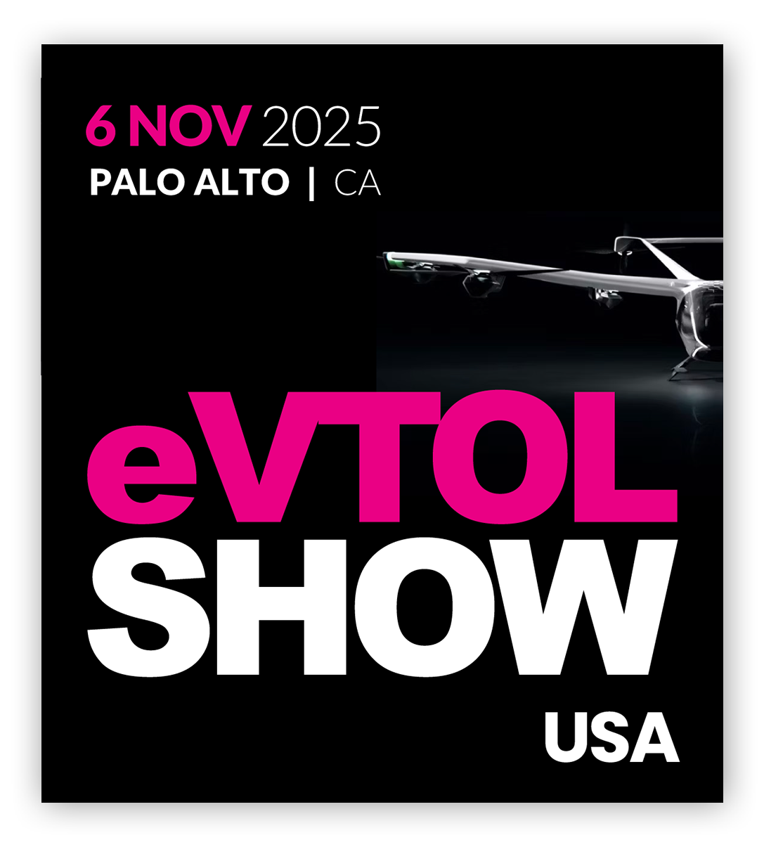 Event poster for the eVTOL Show USA in Palo Alto, CA, on 6 November 2025, with an image of an electric aeroplane.