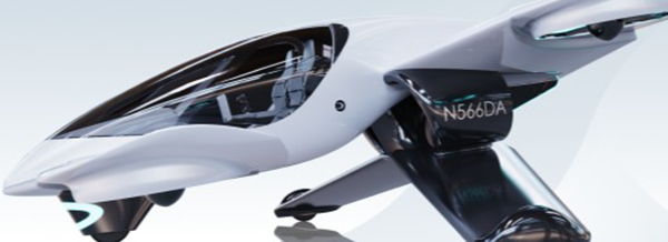 Futuristic white and black electric flying car with sleek design and glass canopy, shown from a side angle.
