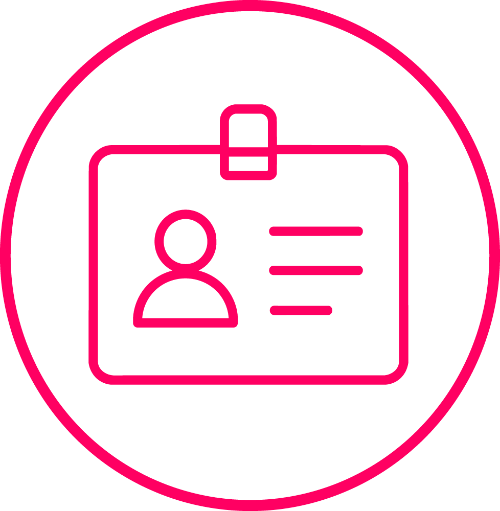 Pink outline of an ID badge with a user icon and three lines, inside a pink circle on a white background.