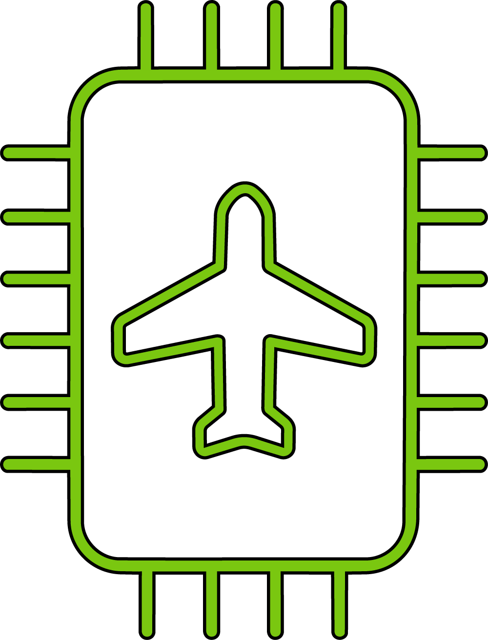 Green computer chip with a black outline and an aeroplane symbol in the centre, suggesting aviation technology or avionics.