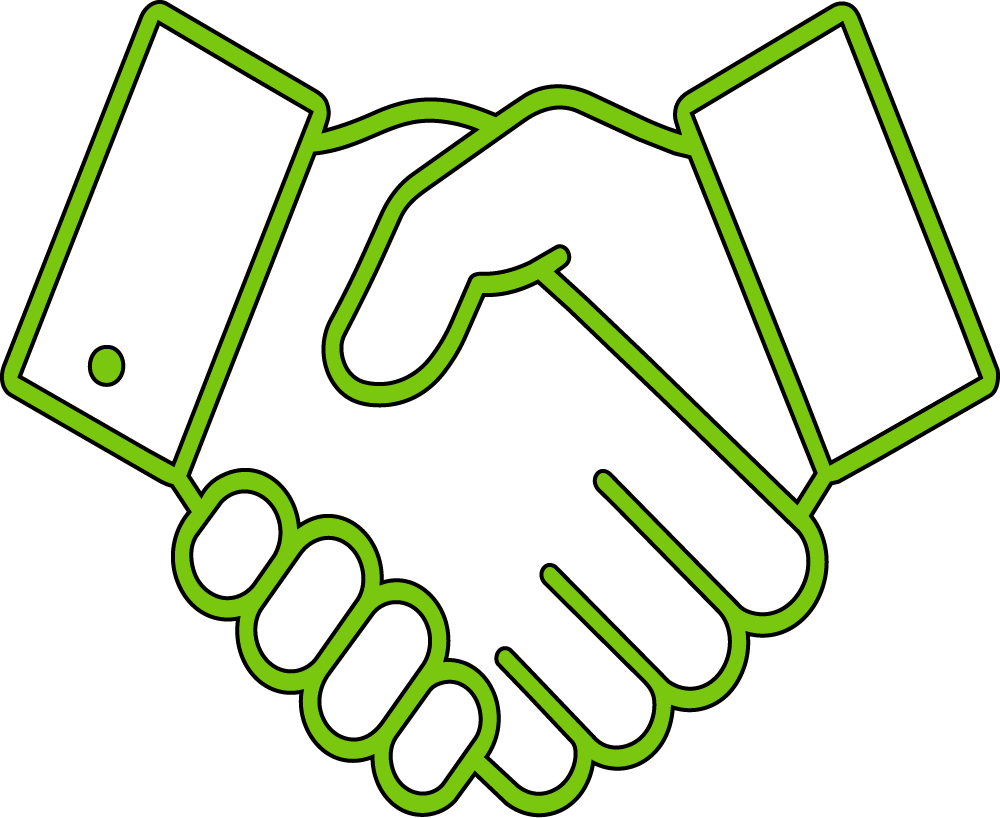 Green outline drawing of two hands shaking, symbolising agreement or partnership, on a plain white background.