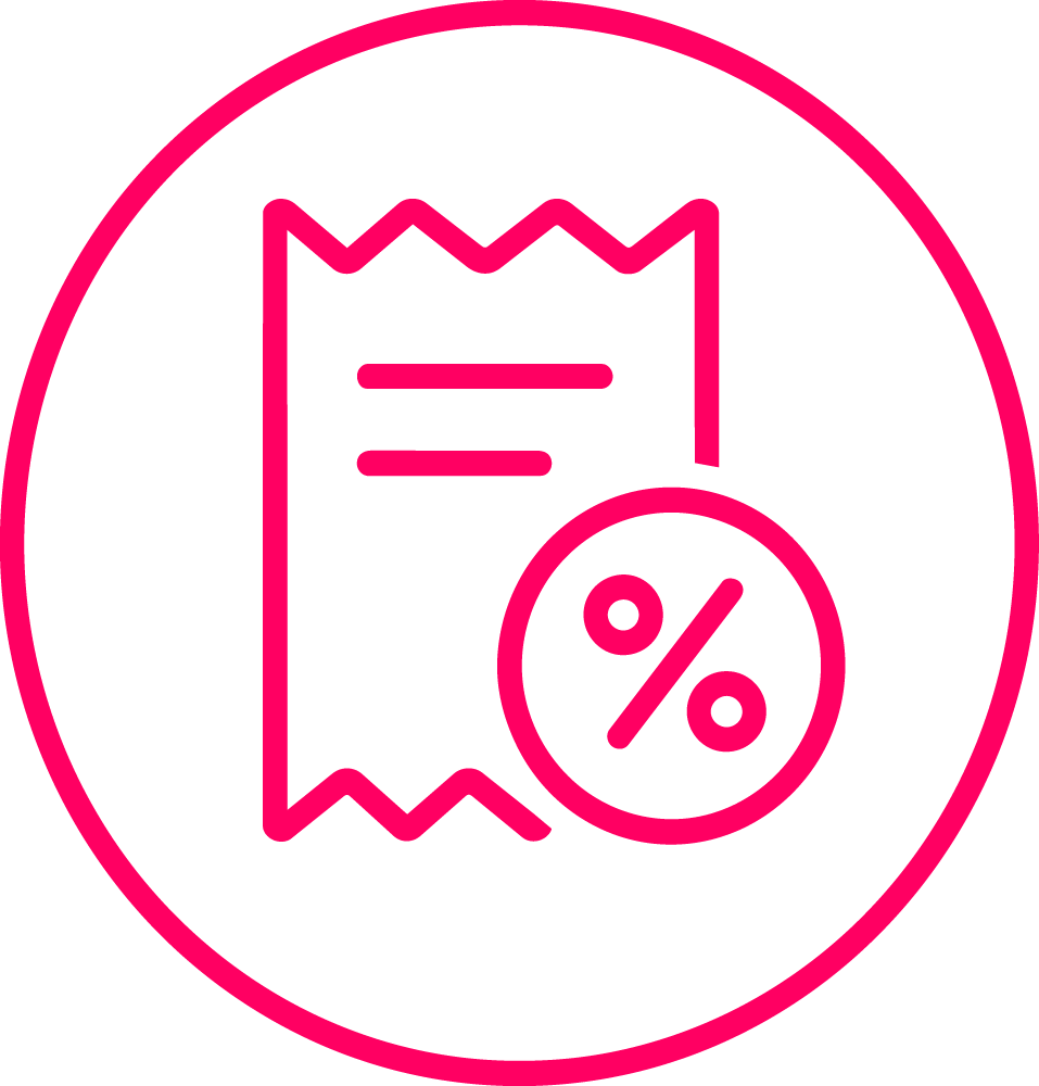 Outline of a receipt and a percent symbol inside a circle, suggesting a discount or sale.