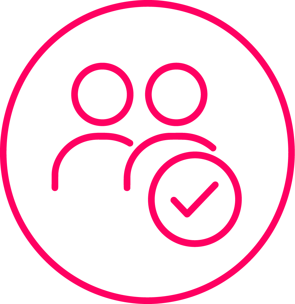 Two outlined people with a tick inside a circle, representing approval or verified users.
