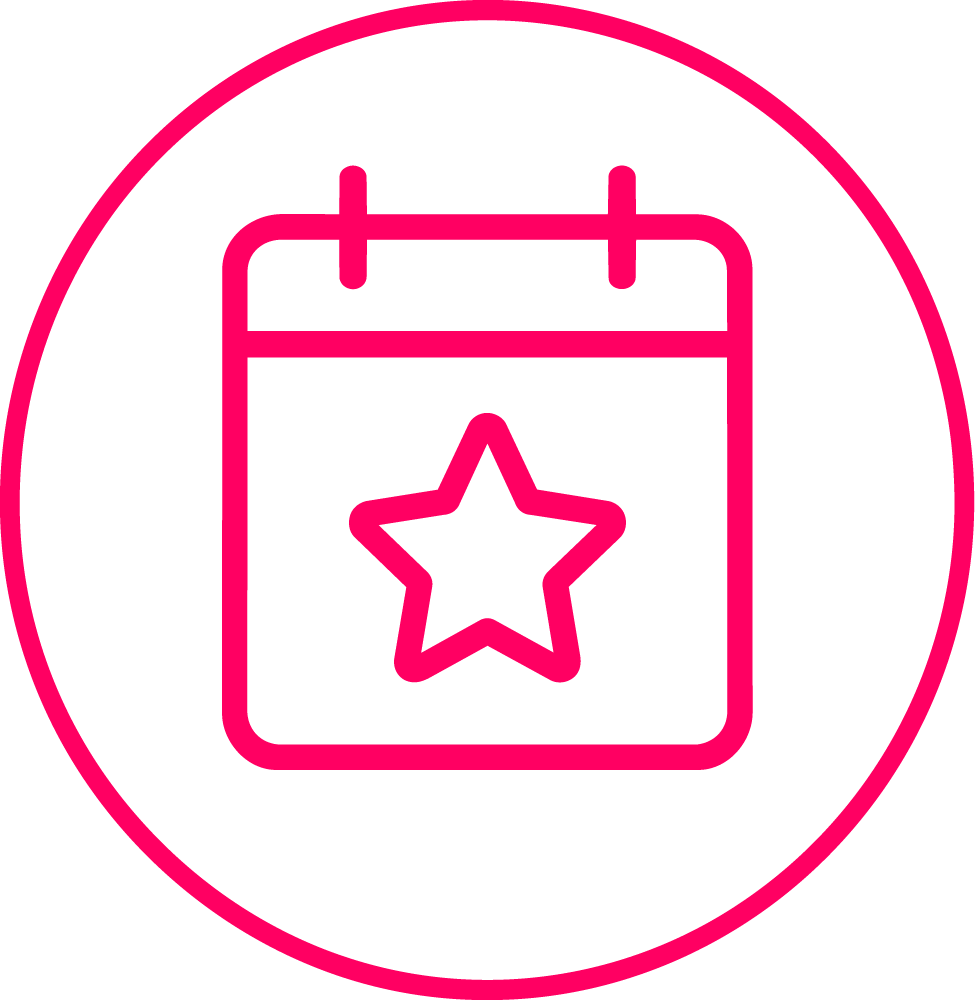 Pink outline of a calendar with a star in the centre, enclosed in a pink circle, on a light grey background.