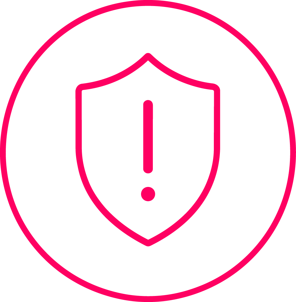 Pink outline of a shield with an exclamation mark inside, enclosed in a pink circle on a light background.