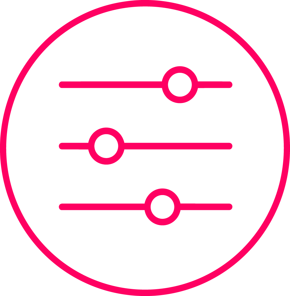 Three horizontal sliders with circular handles inside a pink circle, resembling settings or controls icon.