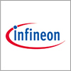 Infineon logo with blue lowercase text and a red curved swoosh beneath and above the word, on a white background.