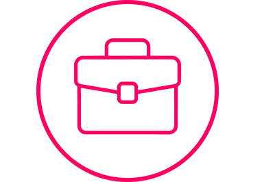 Pink outline of a briefcase inside a pink circle on a light grey background.