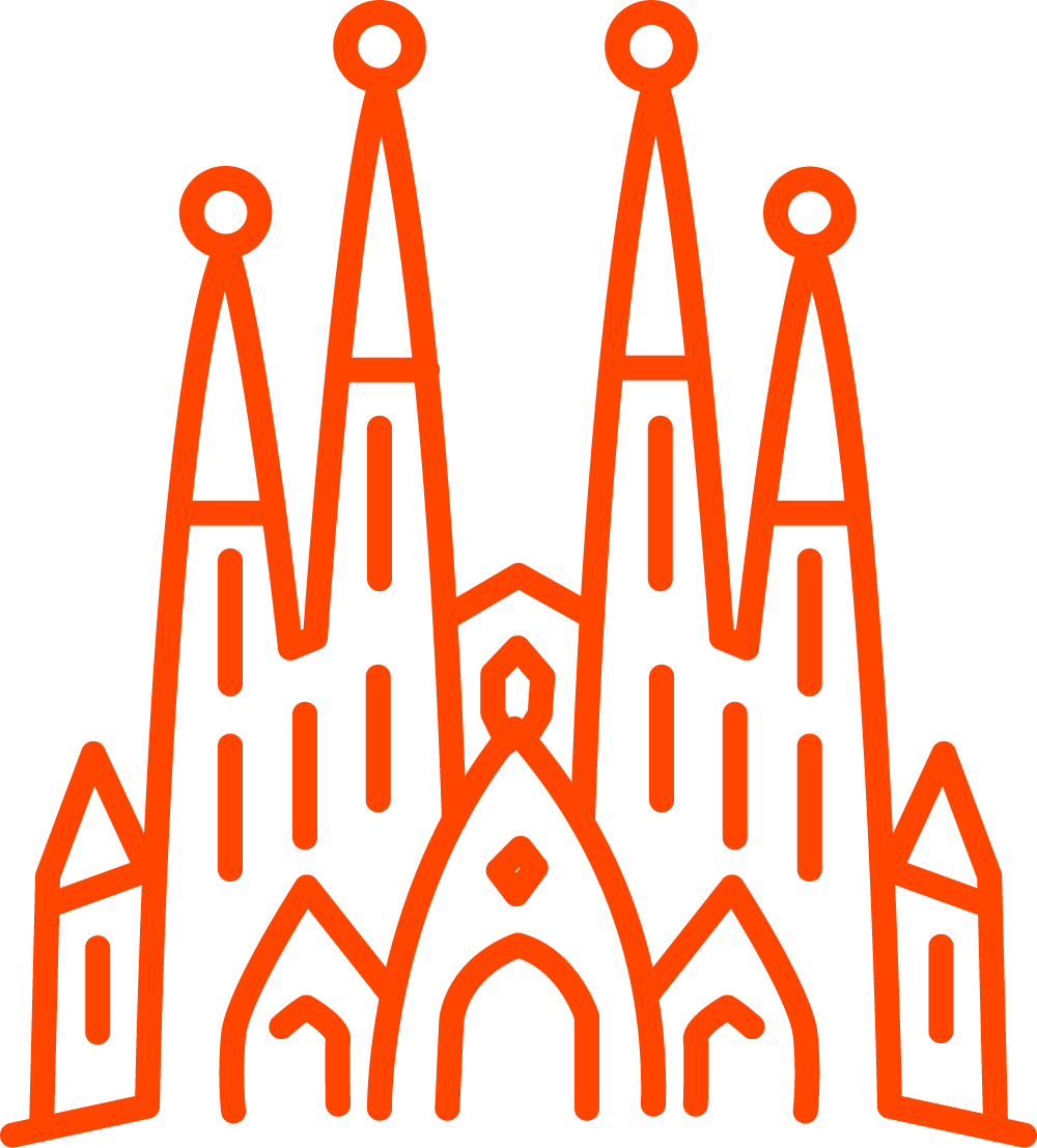 Simple orange line drawing of a cathedral with four tall spires and geometric shapes, resembling La Sagrada Família.
