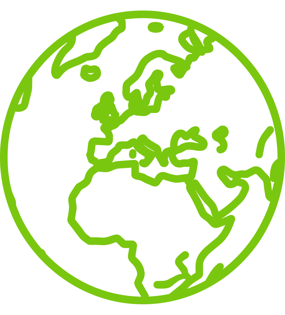 A simple green outline drawing of the Earth showing Europe, Africa, and parts of Asia.