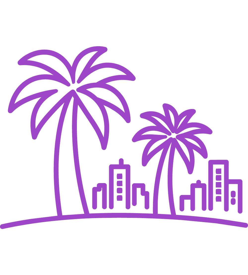 Purple outline of two palm trees and several buildings, suggesting a cityscape with a tropical or coastal setting.