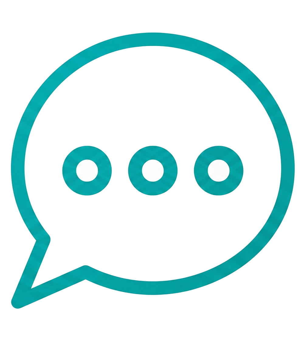 A teal speech bubble outline with three centred dots inside, symbolising a message or conversation.