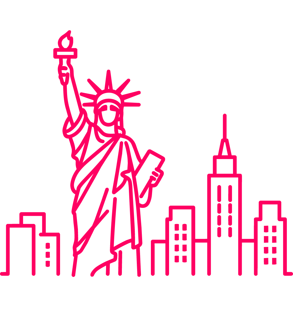 Pink line drawing of the Statue of Liberty in front of a city skyline with various tall buildings.