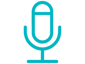 Simple blue outline icon of a classic microphone on a light grey background.