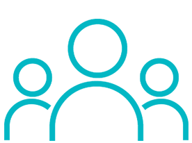 Simple turquoise outline of three people, with one large figure in front and two smaller figures behind on each side.