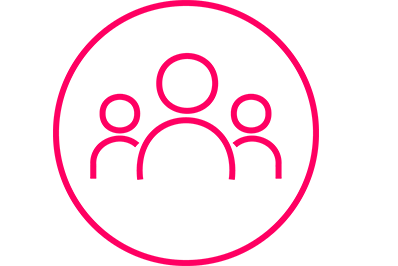 Three simple pink outlined figures inside a pink circle, representing a group of people or community, on a light background.