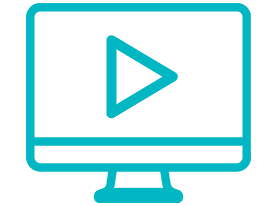 Blue outline of a computer monitor with a play button icon displayed in the centre of the screen.